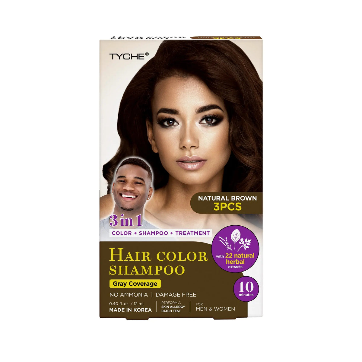 Tyche Magic Hair Color Shampoo, Natural Brown package marked 3 pieces