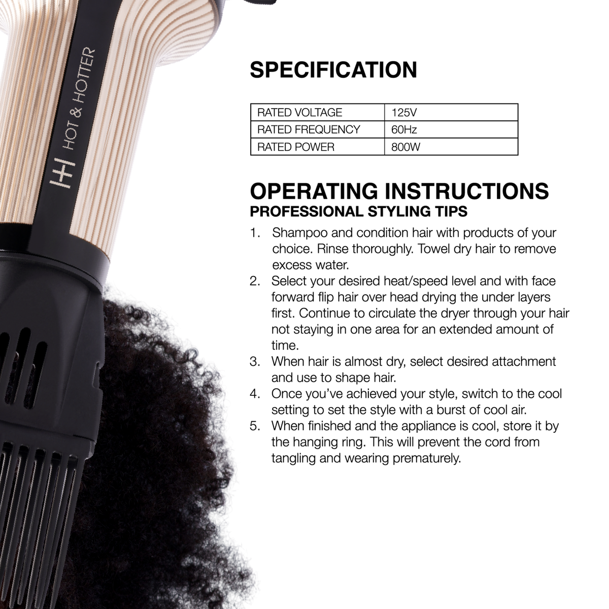 Hot & Hotter Turbo 4000 Handleless Hair Dryer — specifications and operating instructions graphic