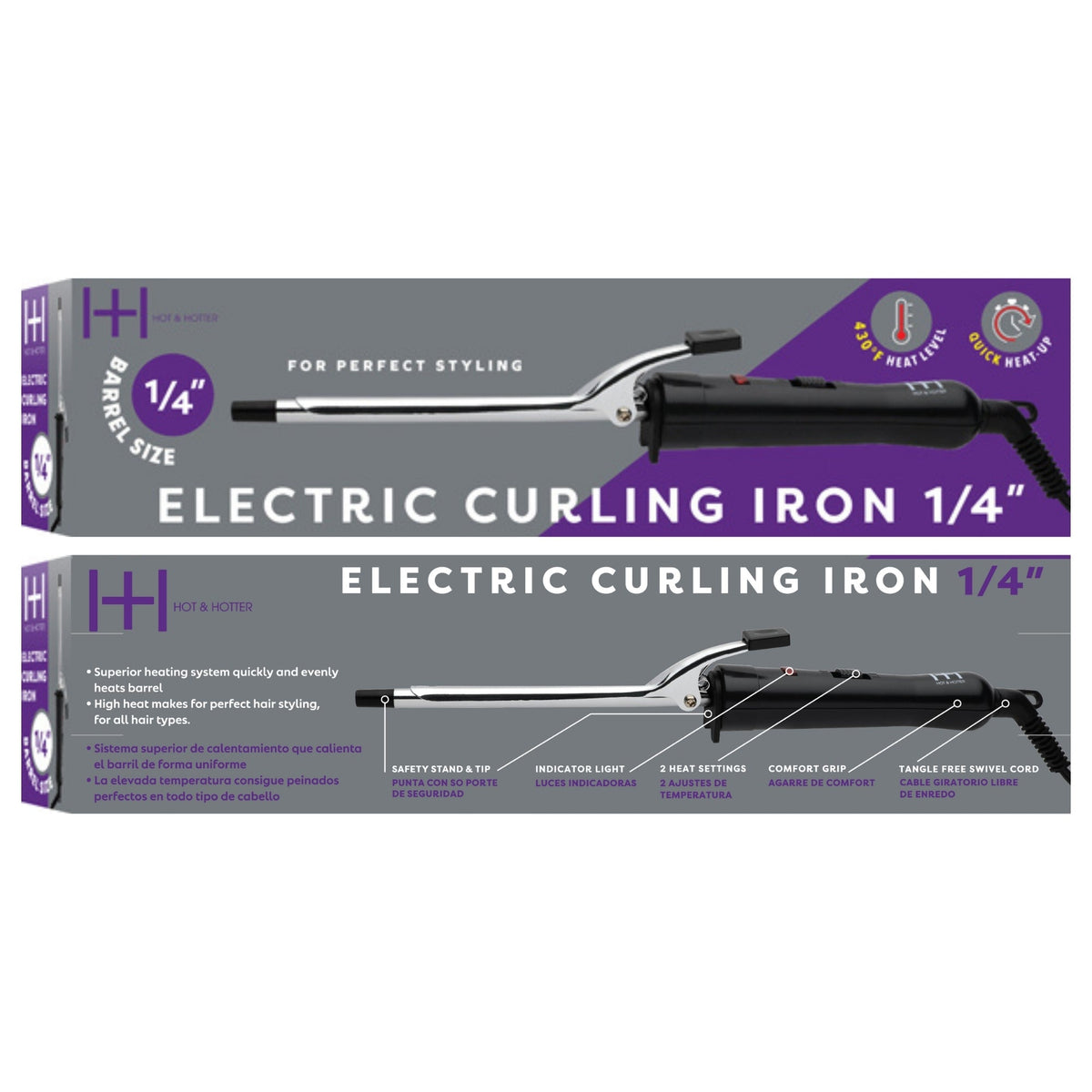 Hot & Hotter Electric Curling Iron 1/4 Inch — front and back of retail packaging