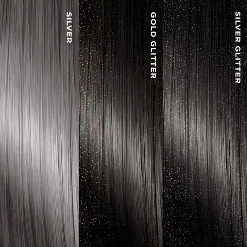 Tyche Magic Hair Color Spray, Silver, Gold Glitter and Silver Glitter swatches
