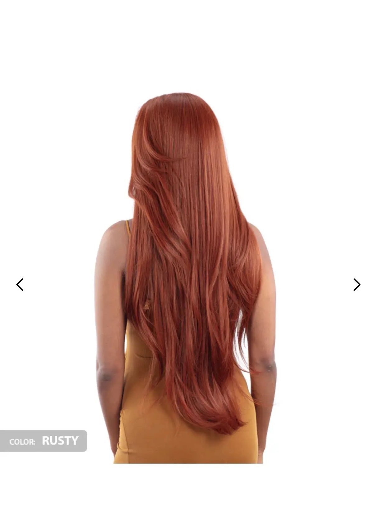 Model Model Glam Mode Alina Glueless 13x5 HD Lace Front Wig — back view of long Rusty red hair
