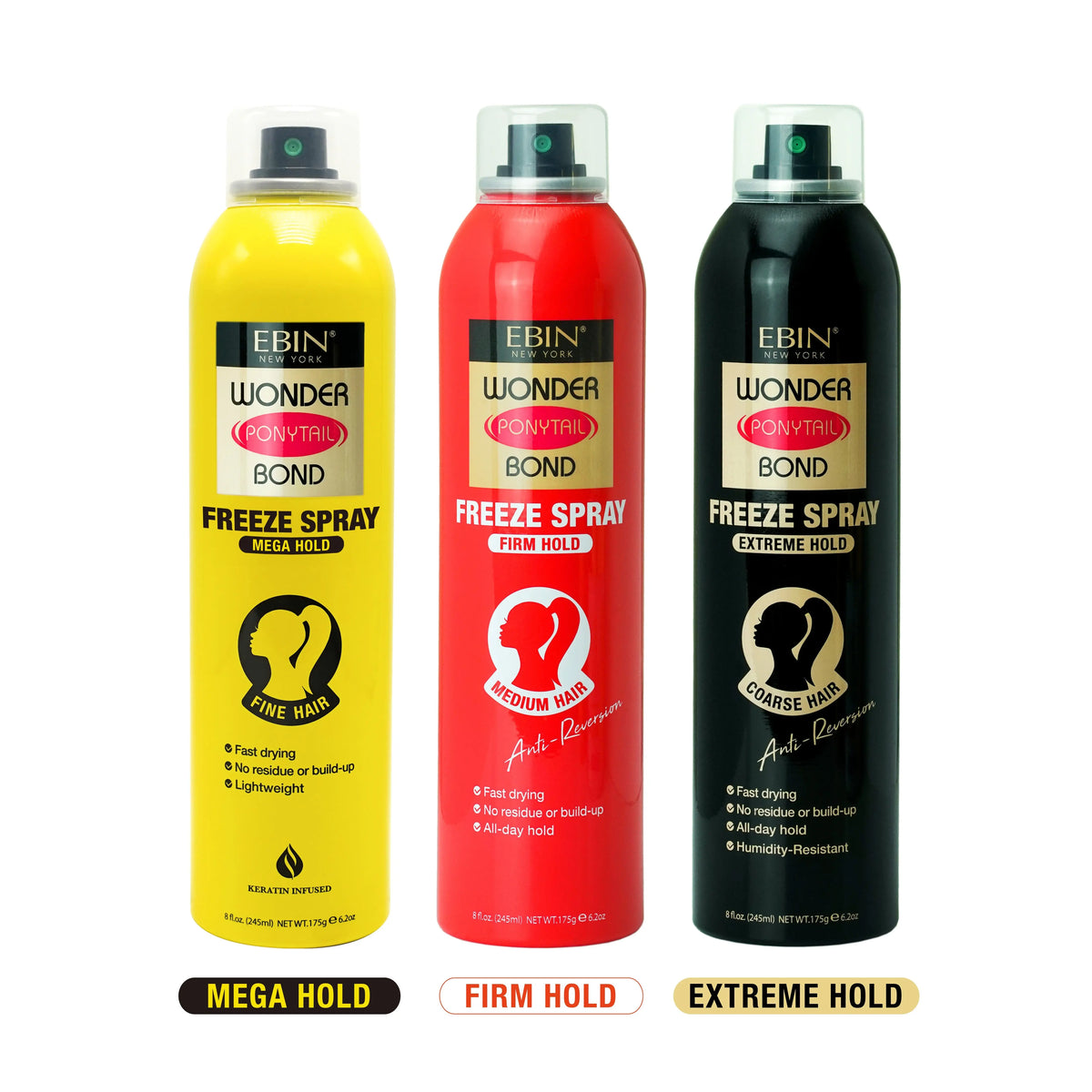 Ebin Wonder Ponytail Bond — Mega, Firm and Extreme spray cans