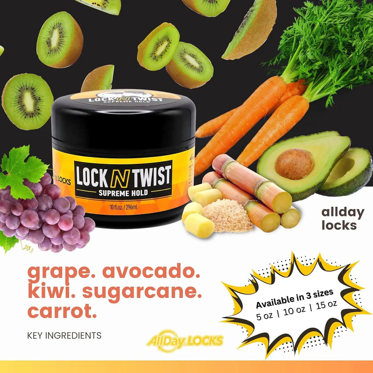 AllDay Locks Lock N Twist ingredients and size options graphic