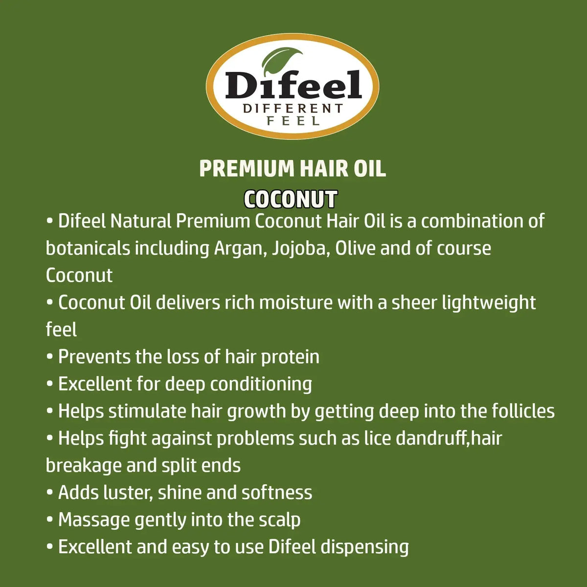 Difeel Coconut Premium Hair Oil Hydrate, Strengthen & Add Shine 2.5 oz DIFEEL