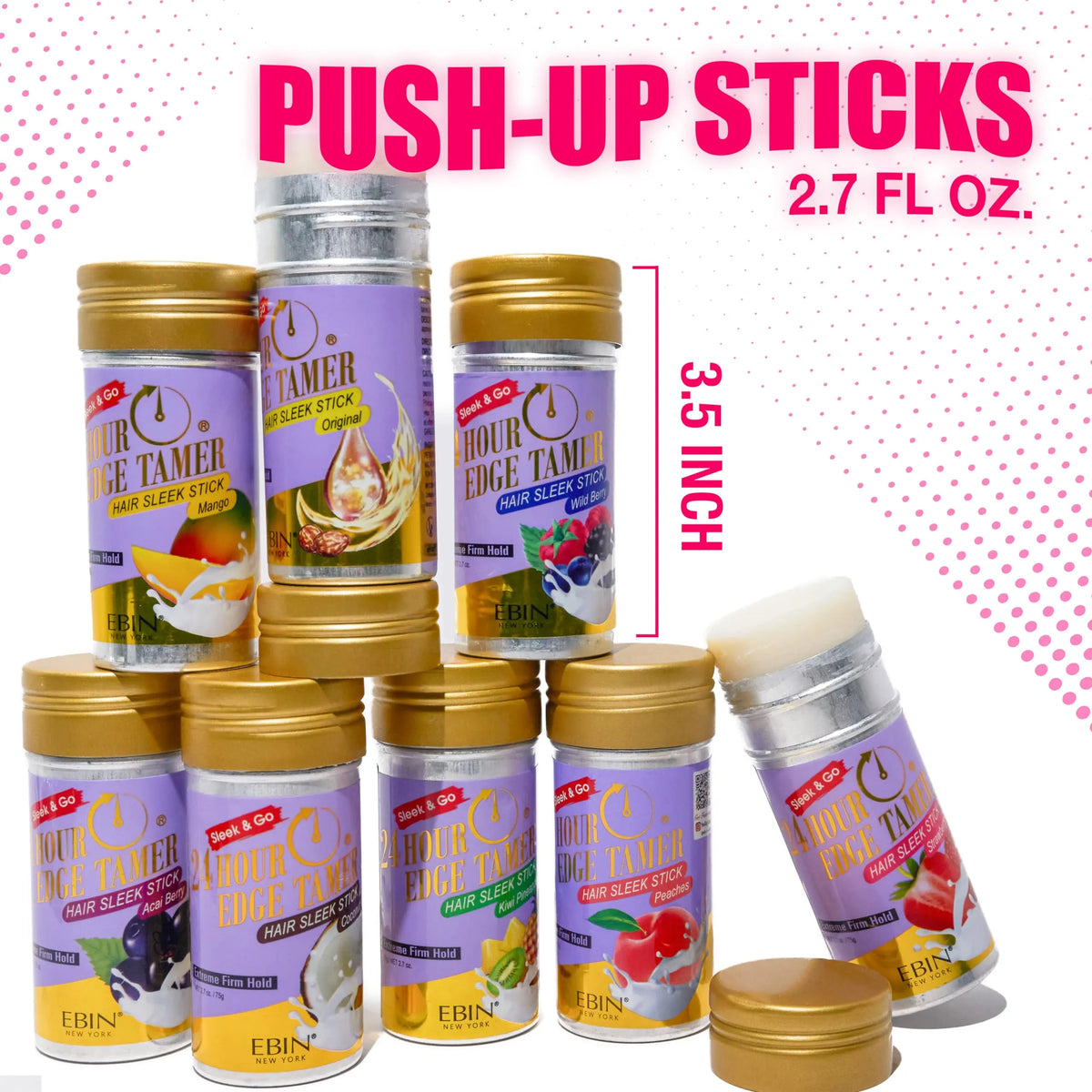 EBIN New York 24 Hour Edge Tamer Sleek Wax Stick Strawberry 2.7 oz — push-up stick packaging size illustration