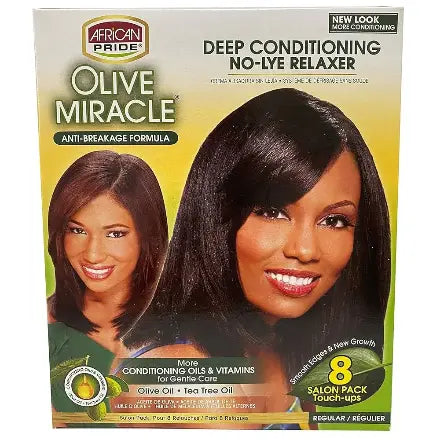 African Pride Olive Miracle Deep Conditioning No-Lye Relaxer Regular Strength - Contains Aloe Vera, Castor Oil & Biotin to Condition, Moisturize & Protect Hair African Pride