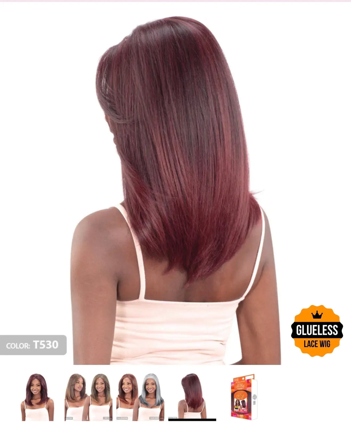 Model Model Miss Divine Zoe Glueless Human Hair Blend Lace Wig — back view of T530 burgundy hair