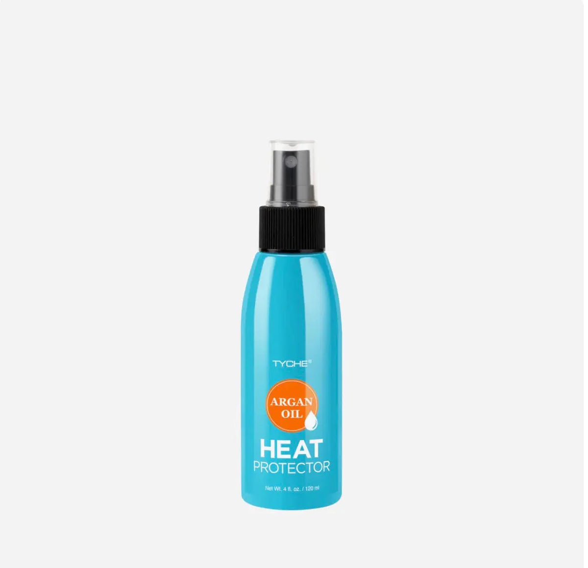 Tyche Argan Oil Heat Protector — front of the turquoise heat protector bottle