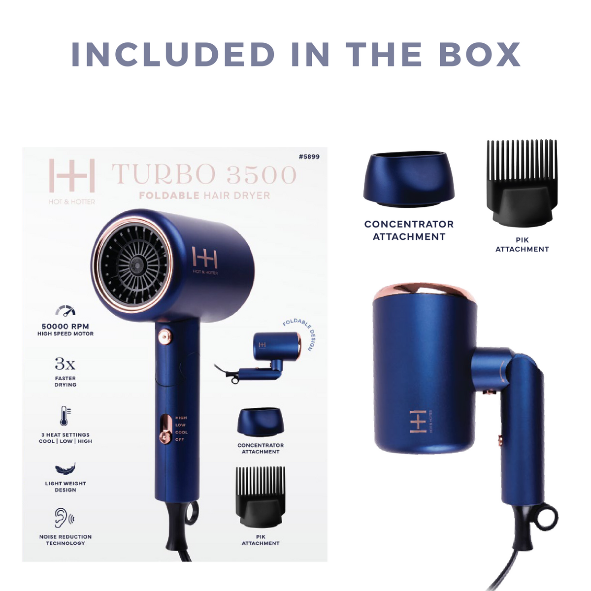 Hot & Hotter Turbo 3500 Foldable Hair Dryer, Blue — retail box and included attachments diagram