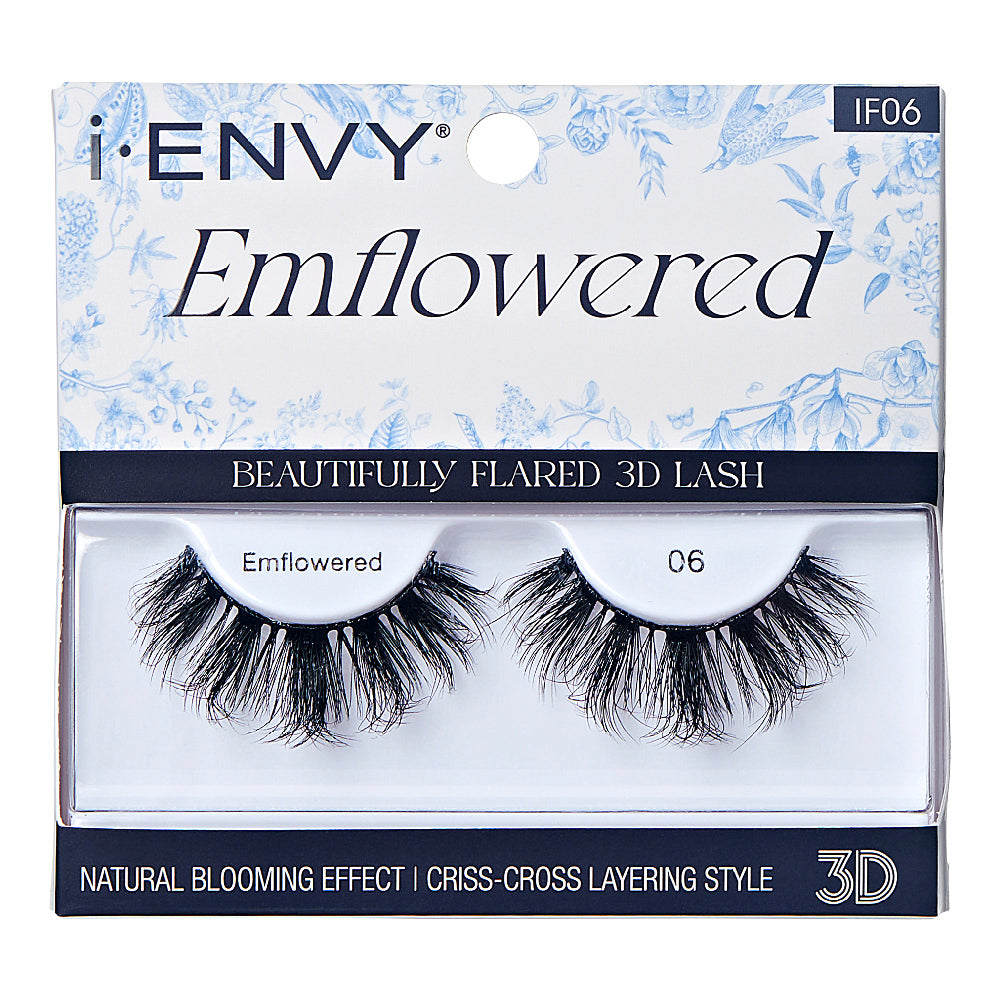 IF06_main "A single false eyelash. The eyelash is black and features a dramatic, voluminous design with long, wispy strands. The lashes are arranged in a slightly curved shape, mimicking the natural curve of an eyelid. The base of the eyelash strip is thicker and tapers off into finer, more delicate tips. The overall appearance is bold and intended to enhance the fullness and length of natural eyelashes."