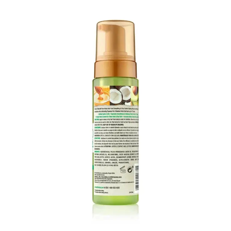 Creme of Nature Pure Honey Avocado Styling Mousse with fruit images above the back label