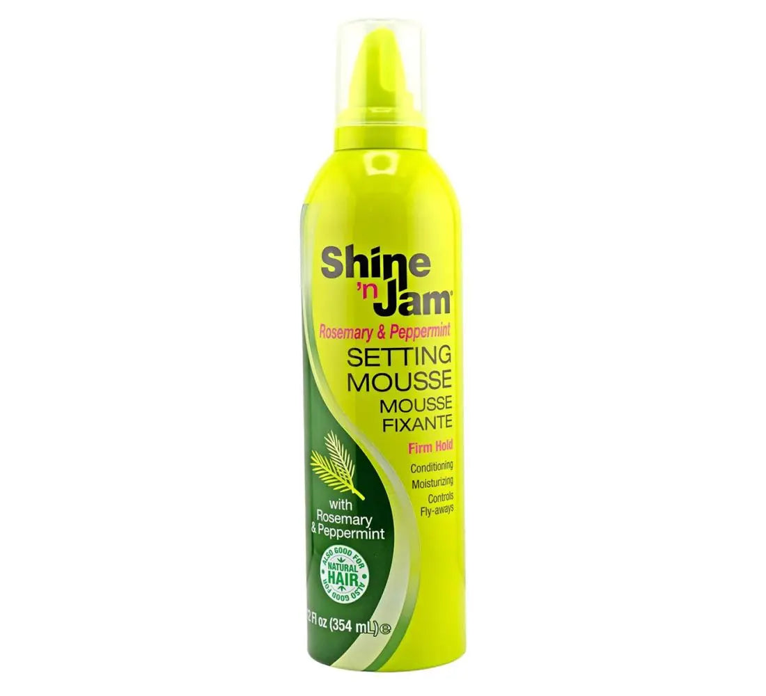 Shine 'n Jam setting mousse bottle on a white background
