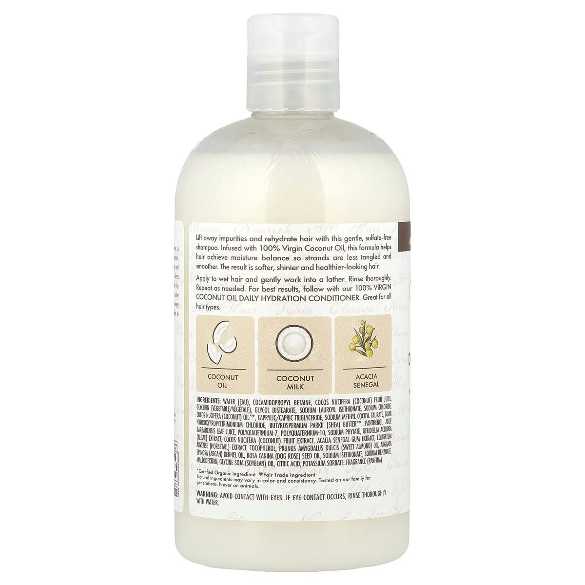 SheaMoisture 100% Virgin Coconut Oil Daily Hydration Shampoo — back label with directions and ingredients