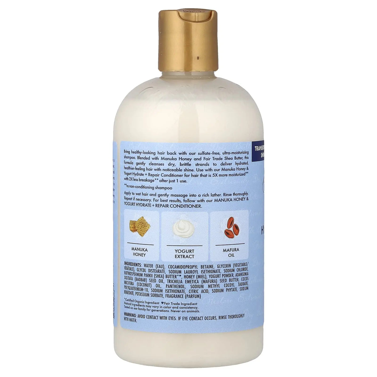 SheaMoisture Manuka Honey & Yogurt Hydrate + Repair Shampoo — back label with directions and ingredients