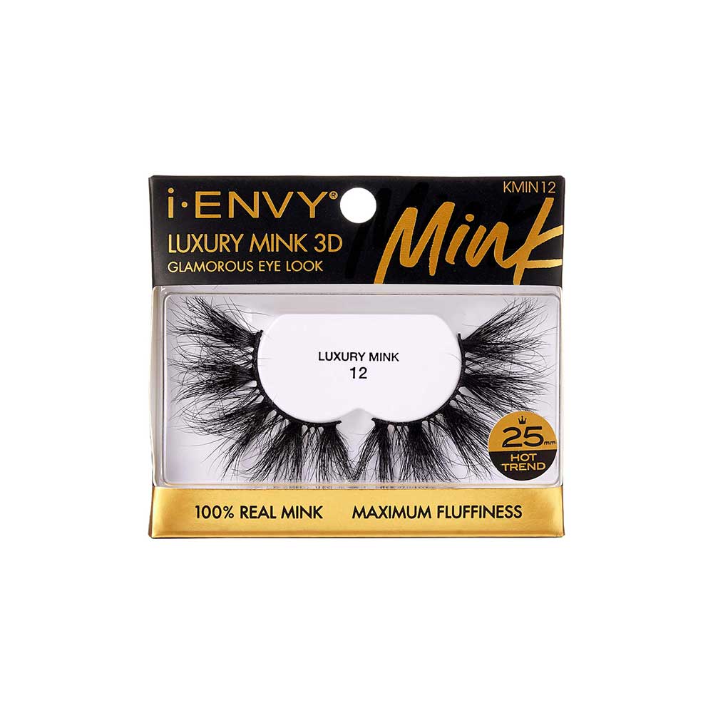 KMIN12_main "A single false eyelash. The eyelash is black and features a dramatic, voluminous design with long, wispy strands. The base of the eyelash is a thin, flexible strip that is used to attach the eyelash to the eyelid. The strands are densely packed near the base and become more sparse and feathery towards the tips, creating a fluttery and full appearance."