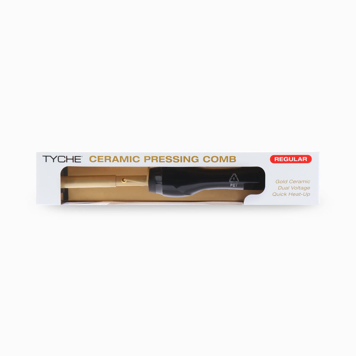 Tyche Gold Ceramic Pressing Comb — ceramic pressing comb in packaging