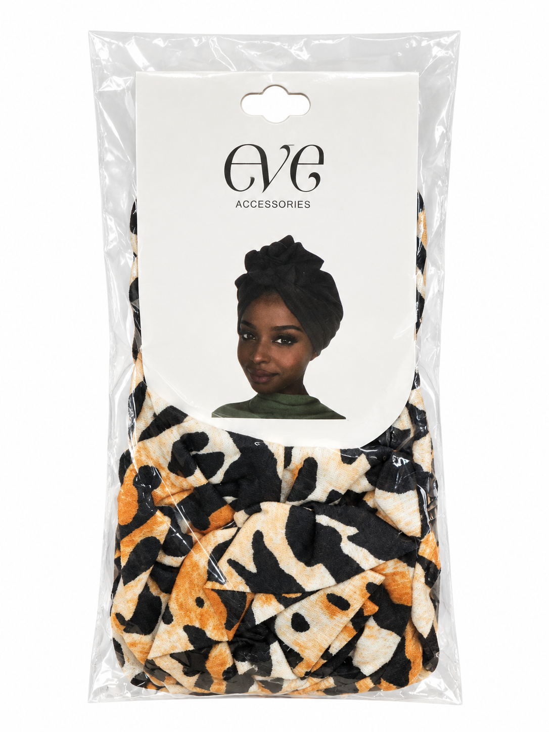 Eve Accessories GRH-307 animal print turban in tan, cream and black, front package