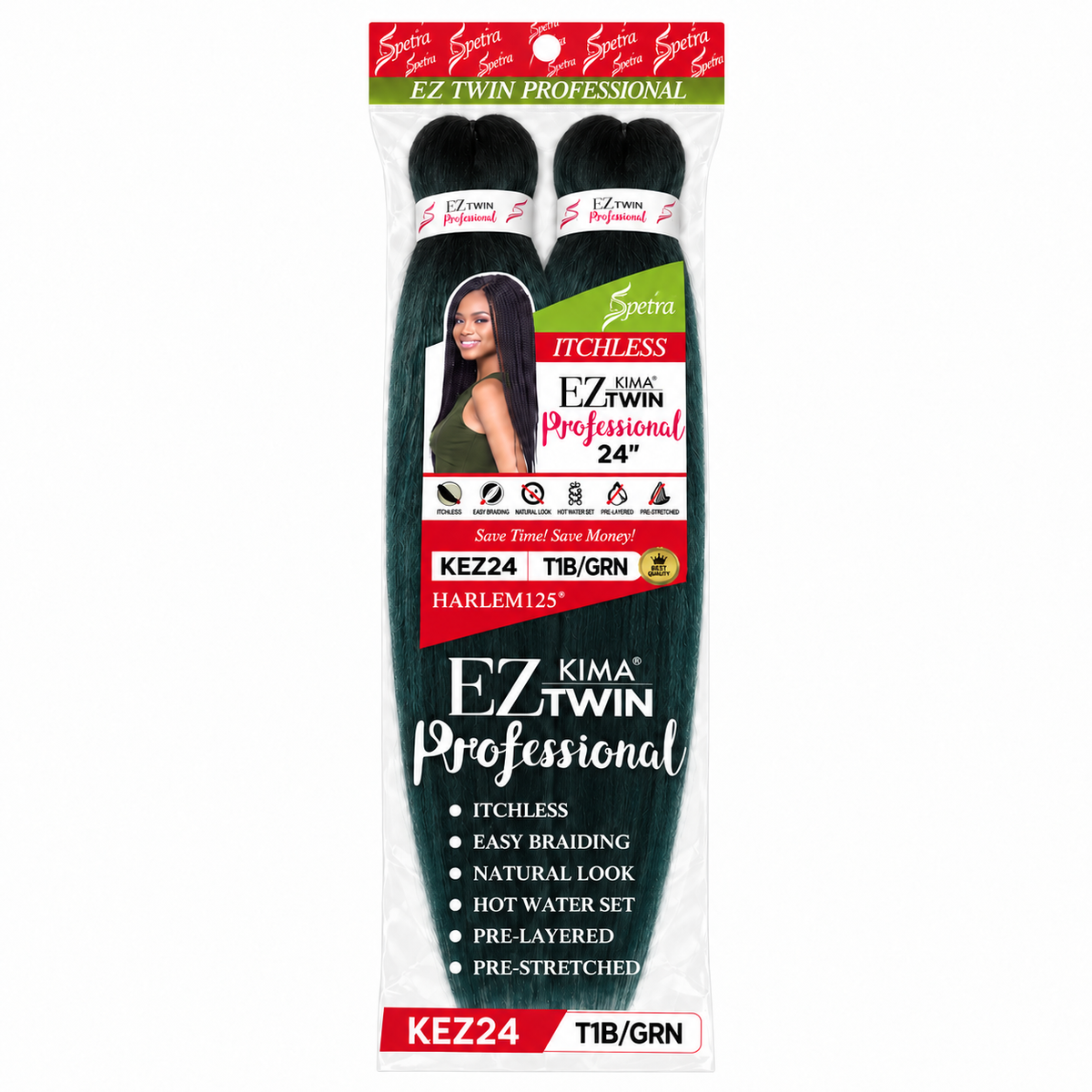 Harlem125 Kima EZ Twin Pre-Stretched Braiding Hair 24" — T1B/GRN full package on white
