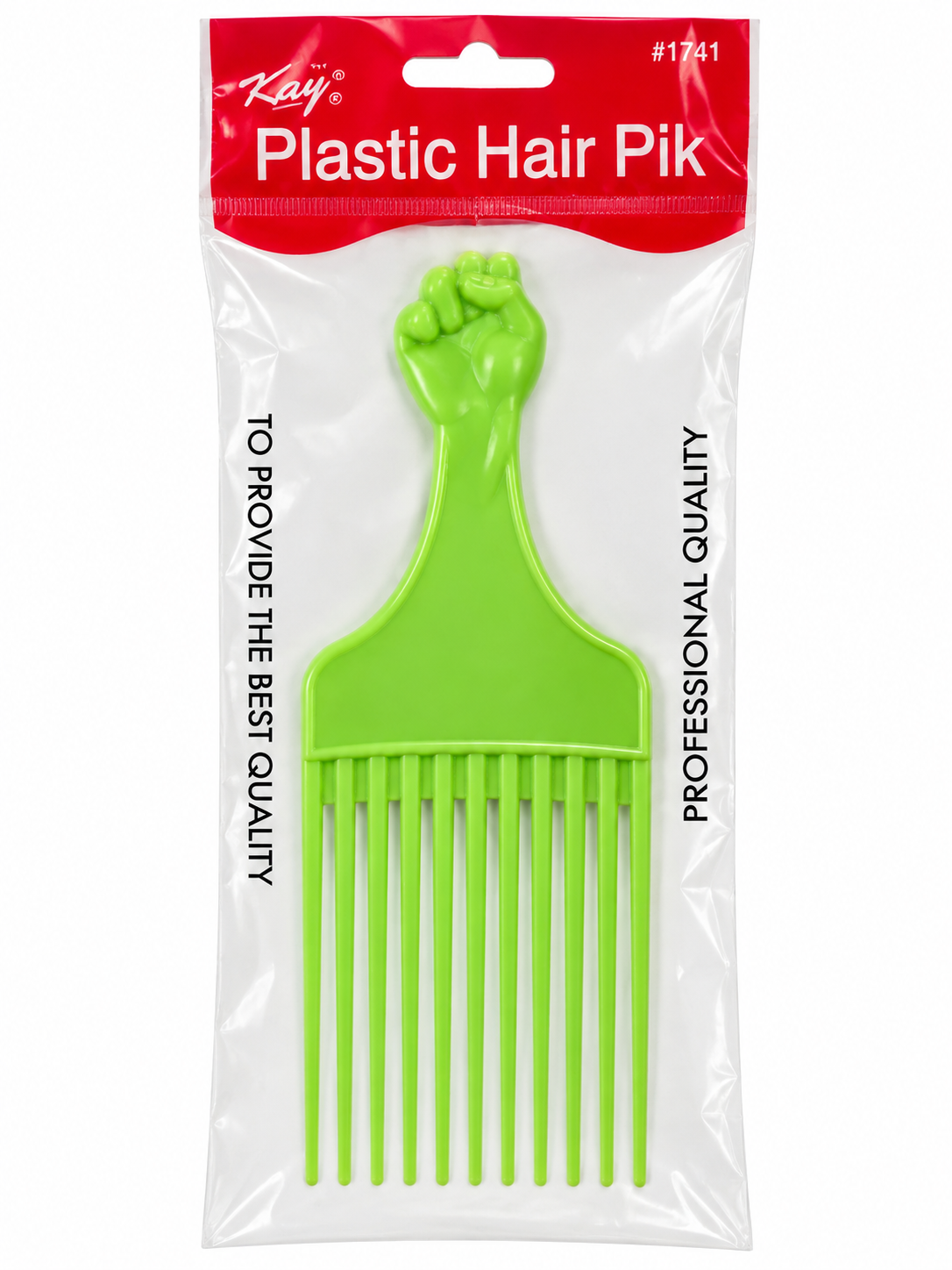 Kay #1741 Plastic Hair Pik in green, packaged