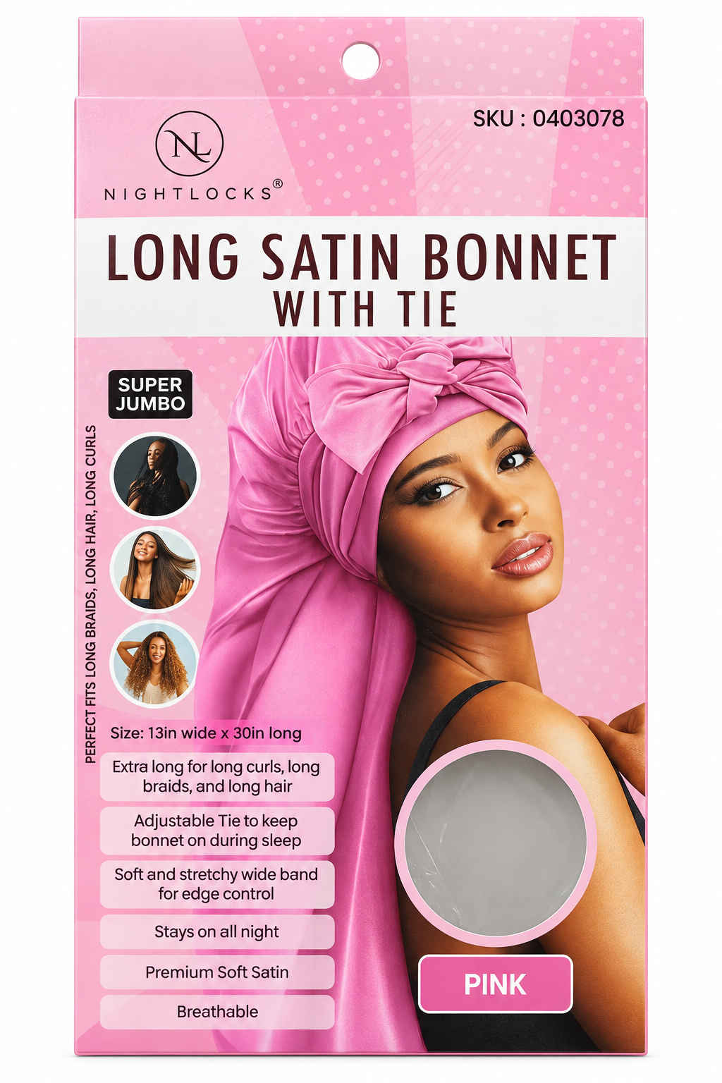 Nightlocks Long Satin Bonnet with Tie in Pink, Super Jumbo — front packaging