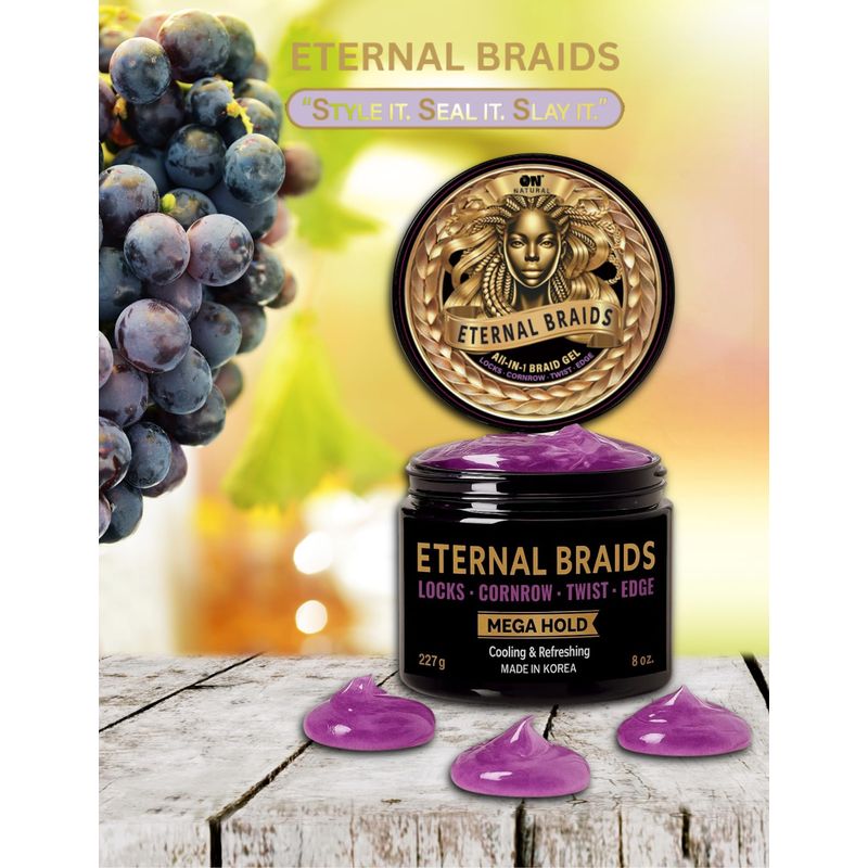 ON Natural Eternal Braids All-in-1 Braid Gel – Gel jar and purple gel beside grapes