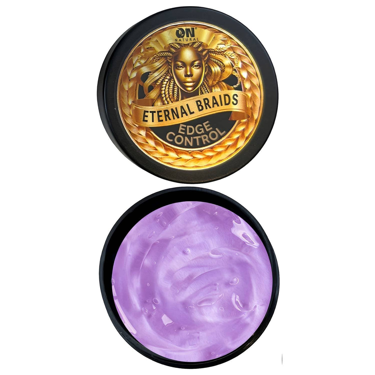 ON Natural Eternal Braids Edge Control 1 oz jar with lid and purple styling gel