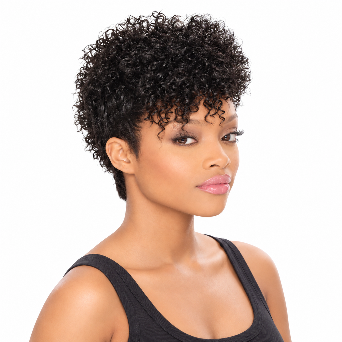Outre Bohemian Cut short jet black curly hairstyle model