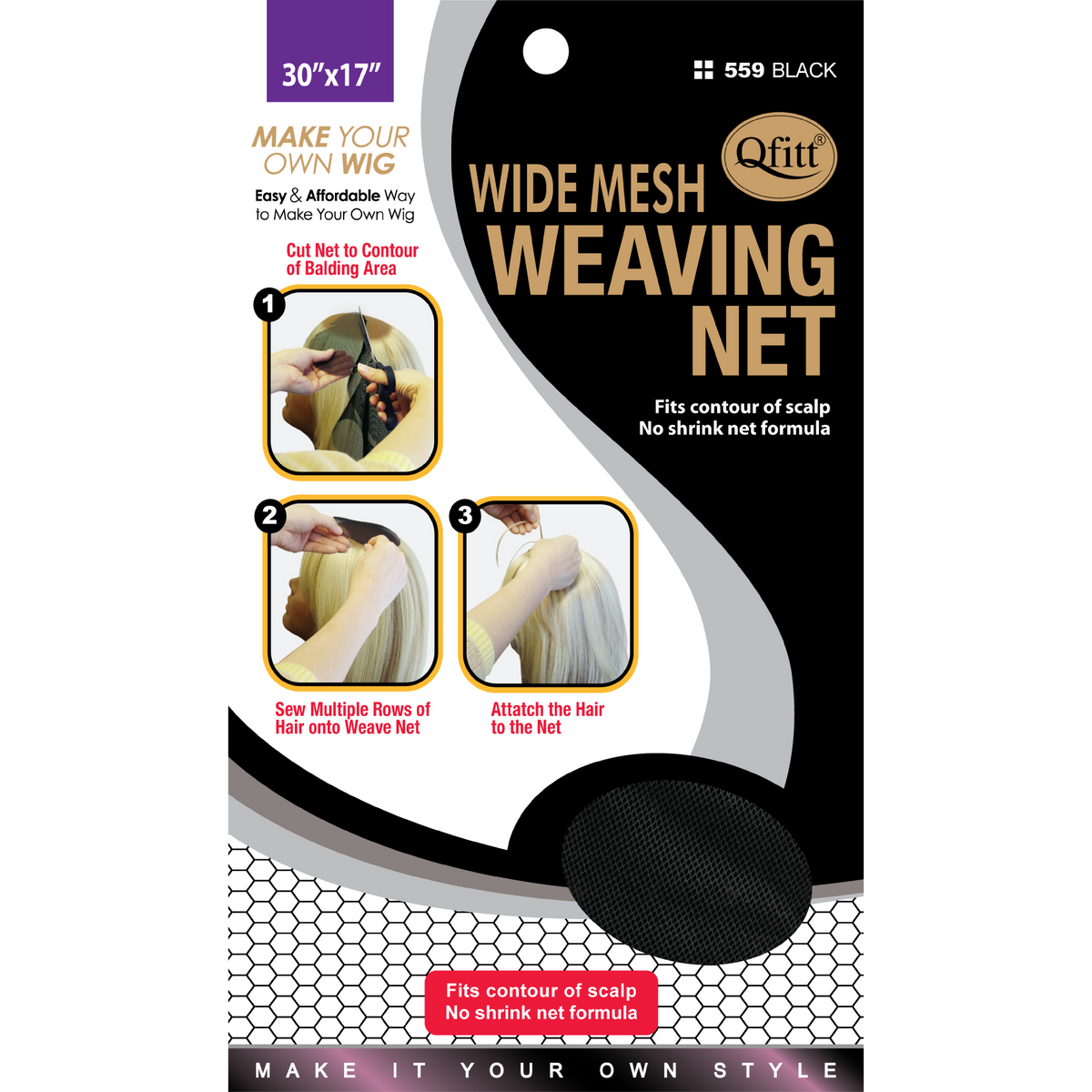 Qfitt #559 Black Wide Mesh Weaving Net 30 by 17 inches front package