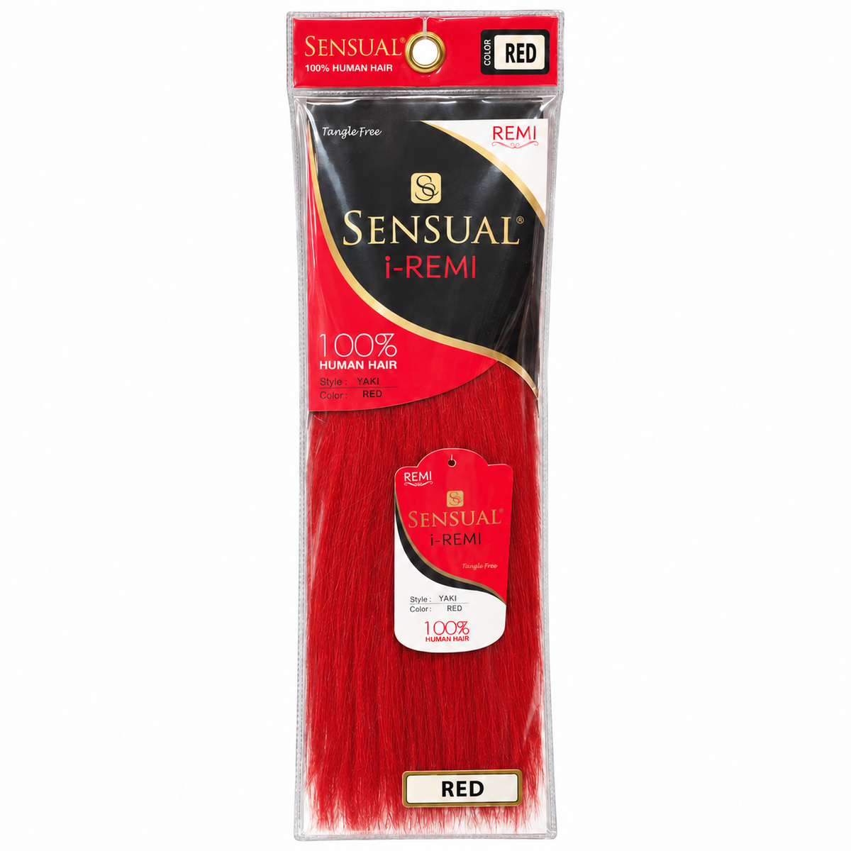 Sensual i-Remy Yaki Straight human hair weave in RED, shown in product packaging