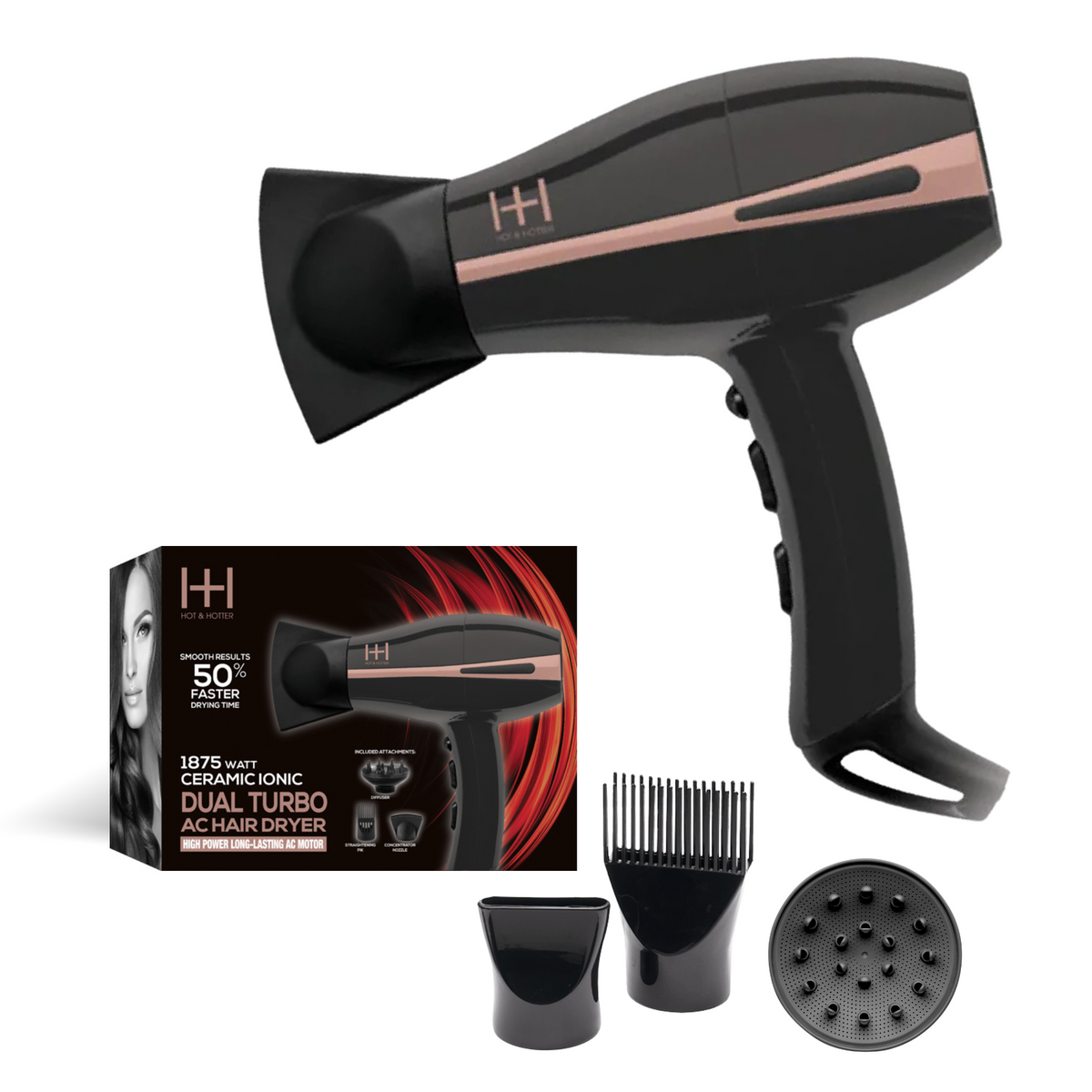 Hot & Hotter 1875W Ceramic Ionic AC Hair Dryer — black dryer, three attachments, and box