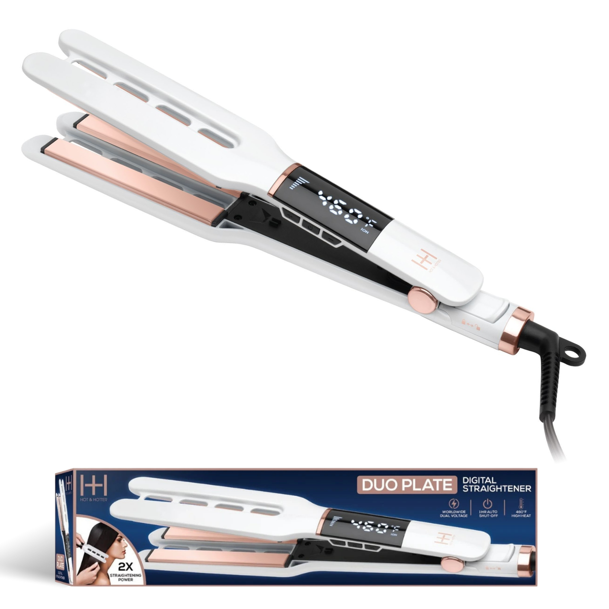 Hot & Hotter Dual Plate Digital Ceramic Flat Iron — white dual plate flat iron with box