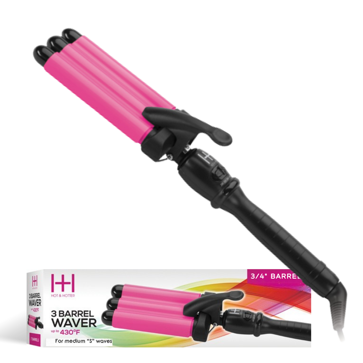 Hot & Hotter 3-Barrel Waver 3/4 Inch — pink three-barrel waver with box