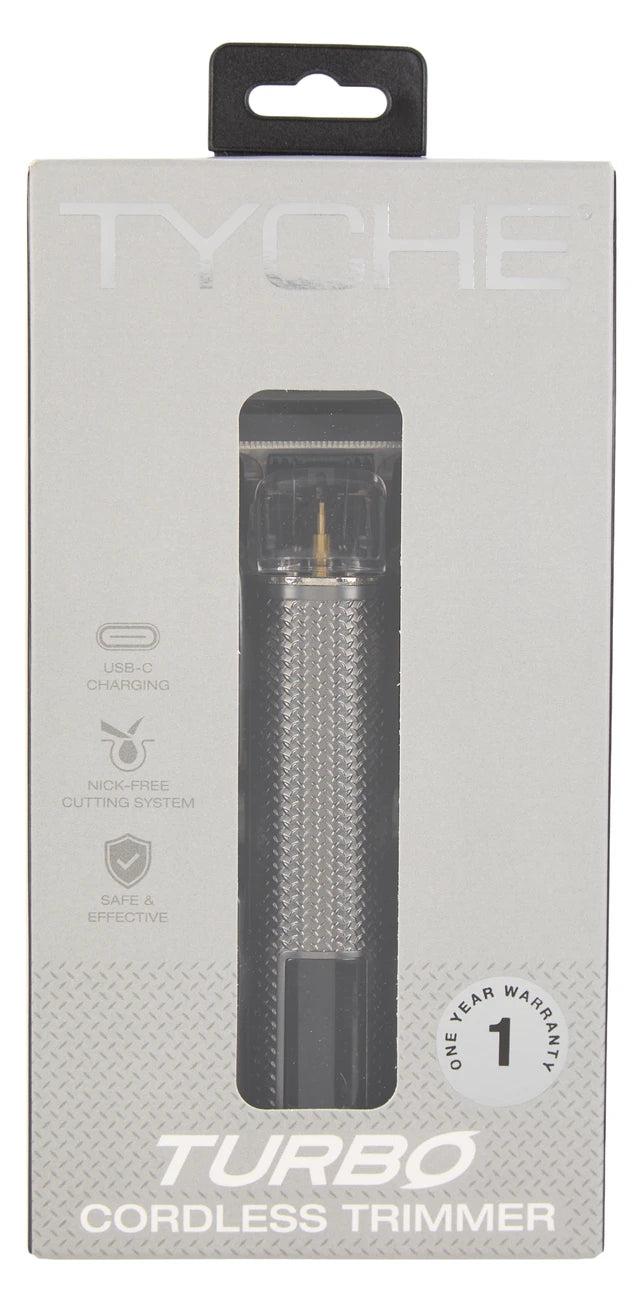 Tyche Turbo Cordless Trimmer, Grey — grey cordless trimmer in retail packaging