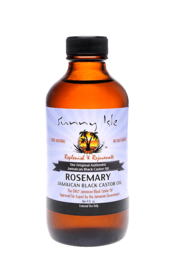 Amber castor oil bottle with black cap and front label showing rosemary