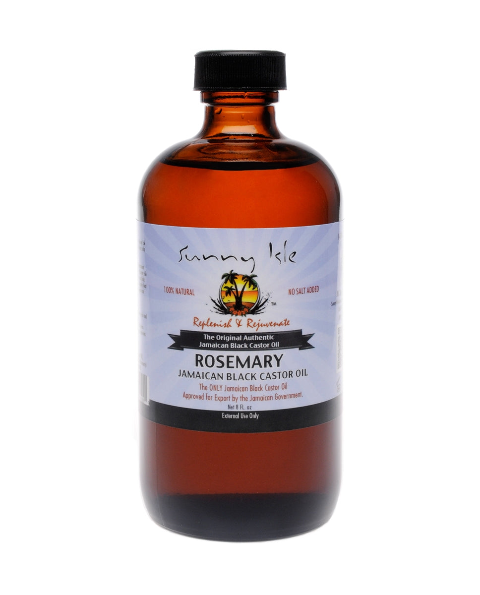 Rosemary Jamaican Black Castor Oil amber bottle with black cap and rosemary label