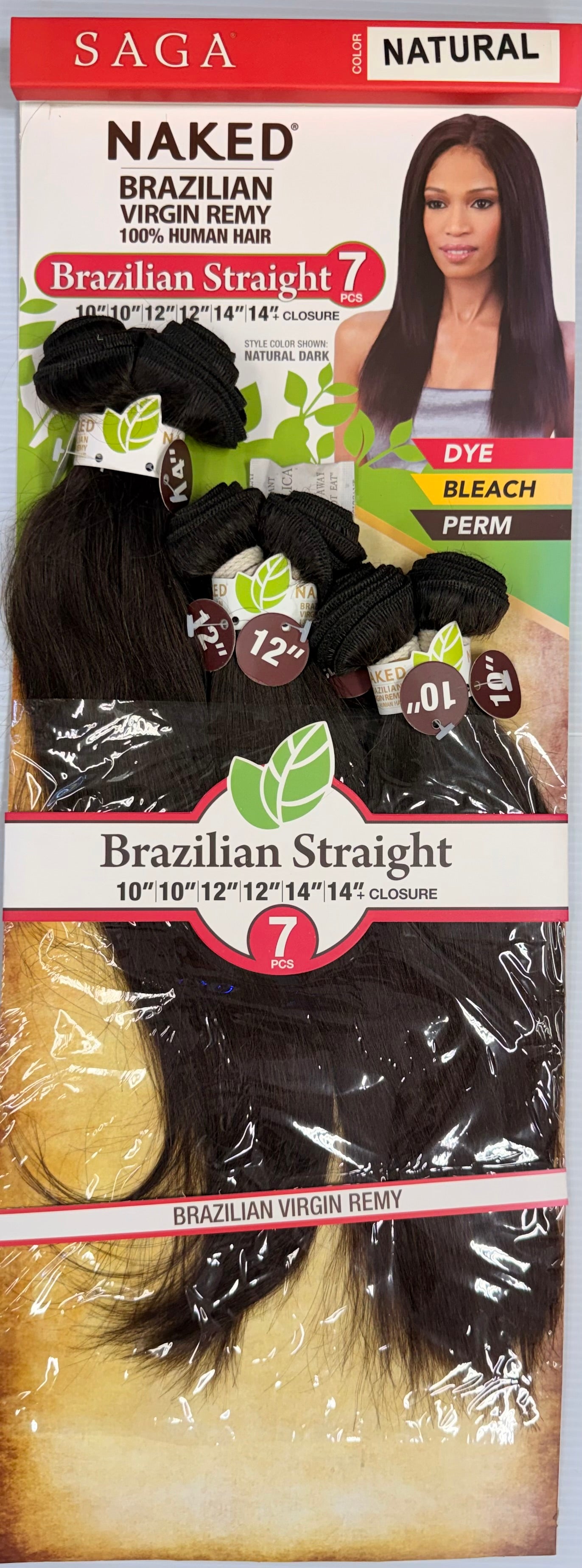SAGA NAKED BRAZILIAN VIRGIN REMY 100% HUMAN HAIR NATURAL STRAIGHT 7PCS CLOSURE COLOR NATURAL (1B)