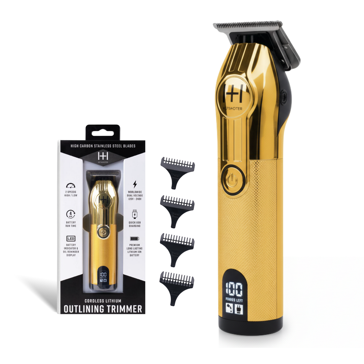 Hot & Hotter Cordless Outlining Trimmer, Gold — gold outlining trimmer with guides and box