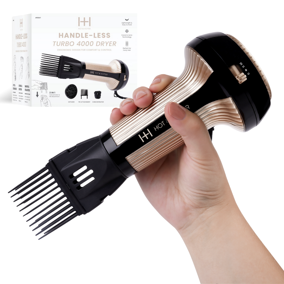 Hot & Hotter Turbo 4000 Handleless Hair Dryer — hand holding handleless dryer with pik attachment
