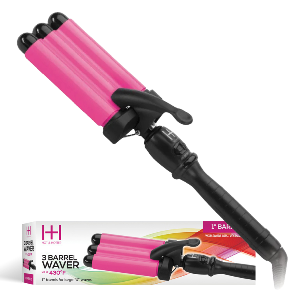 Hot & Hotter 3-Barrel Waver 1 Inch — pink three-barrel waver with box