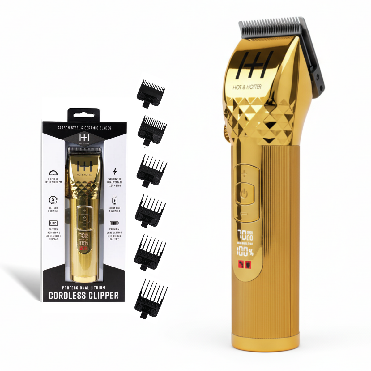 Hot & Hotter Lithium Cordless Clipper, Gold — gold clipper with guides and box