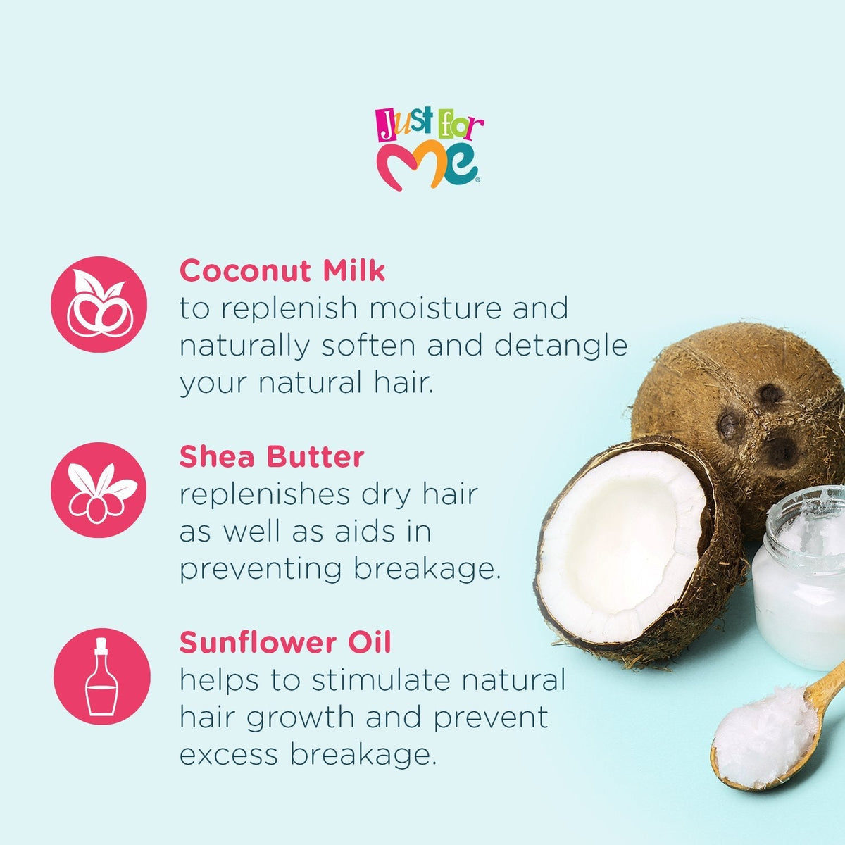 Just For Me ingredient graphic showing coconut milk, shea butter and sunflower oil