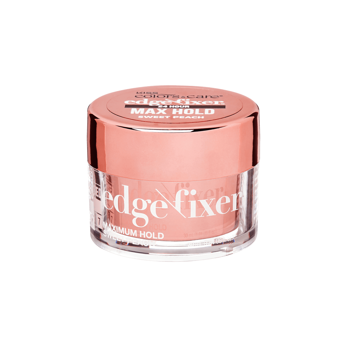 Clear round container with a shiny peach-colored lid, labeled \