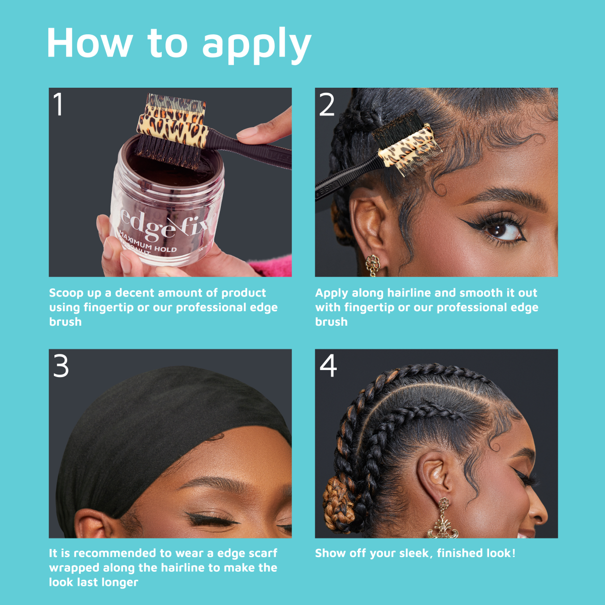 Step-by-step application guide for KISS Colors & Care Edge Fixer: scooping product with leopard print brush, applying along hairline, wearing edge scarf, and showcasing sleek styled edges.