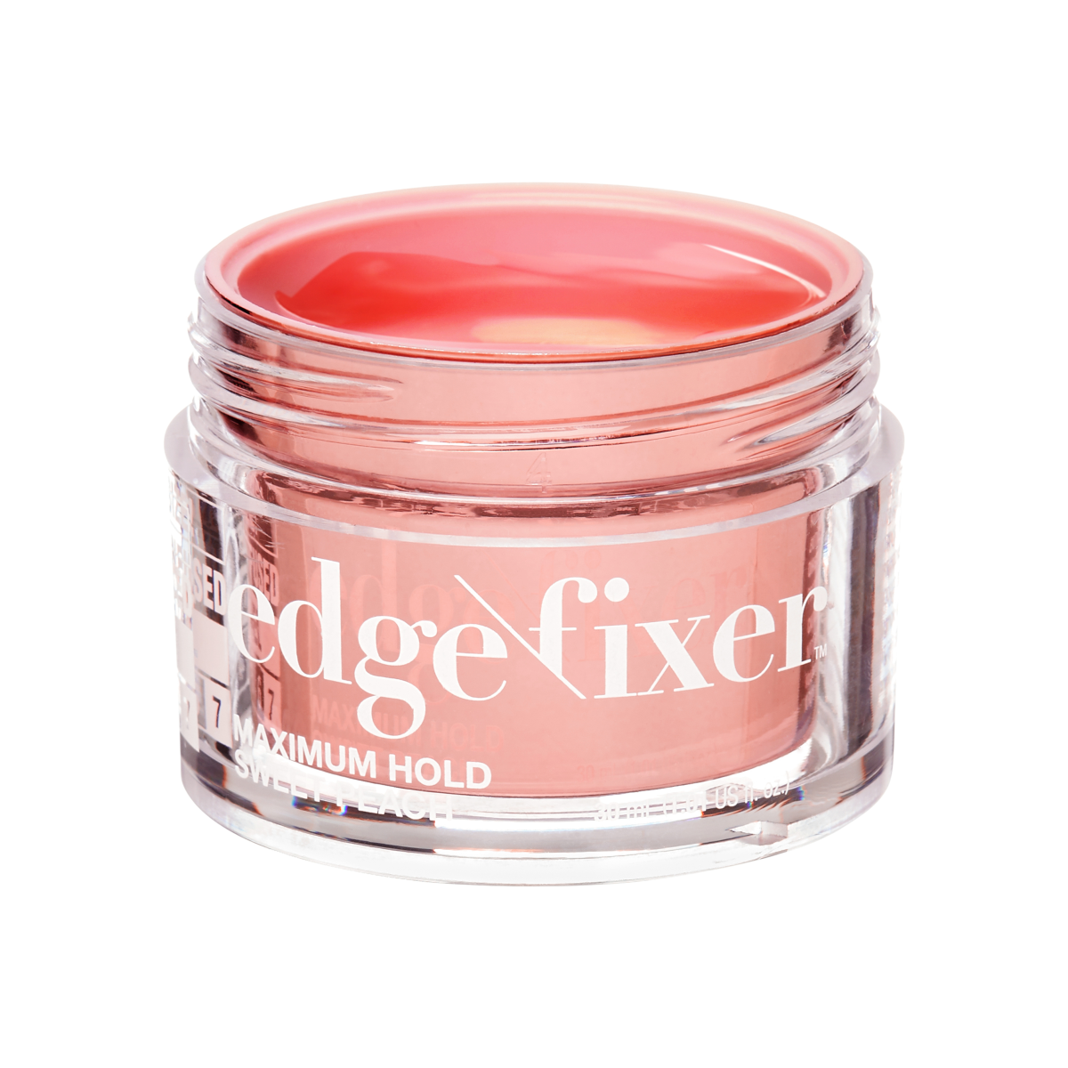 Clear round jar with a peach-colored gel inside labeled \