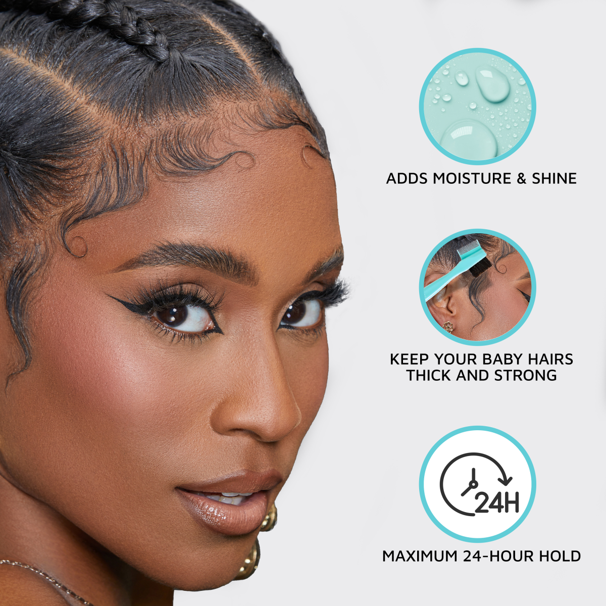 Woman with styled edges and makeup, showing smooth baby hairs; text highlights product benefits: adds moisture and shine, strengthens baby hairs, 24-hour hold.