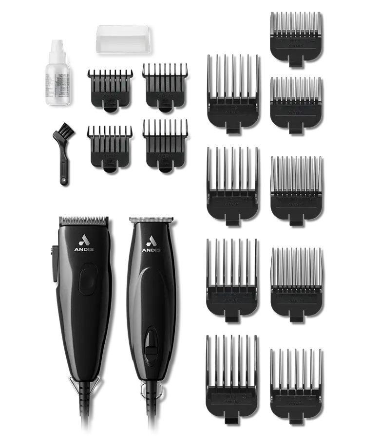 Andis Pivot Motor Clipper & Trimmer Combo 24810 — clipper, trimmer, and guide comb assortment