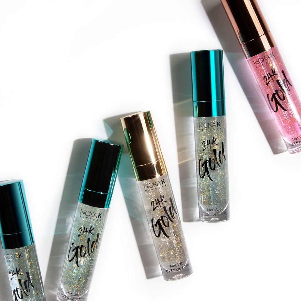 Nicka K 24K Gold Lip Gloss, Gold, Rose Gold and Mint tubes