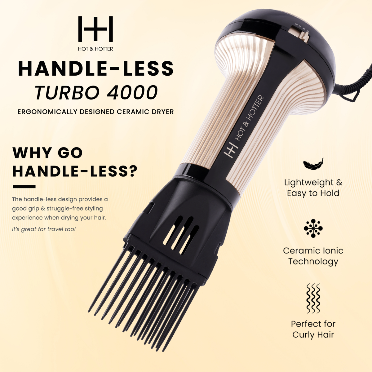 Hot & Hotter Turbo 4000 Handleless Hair Dryer — handleless design feature graphic