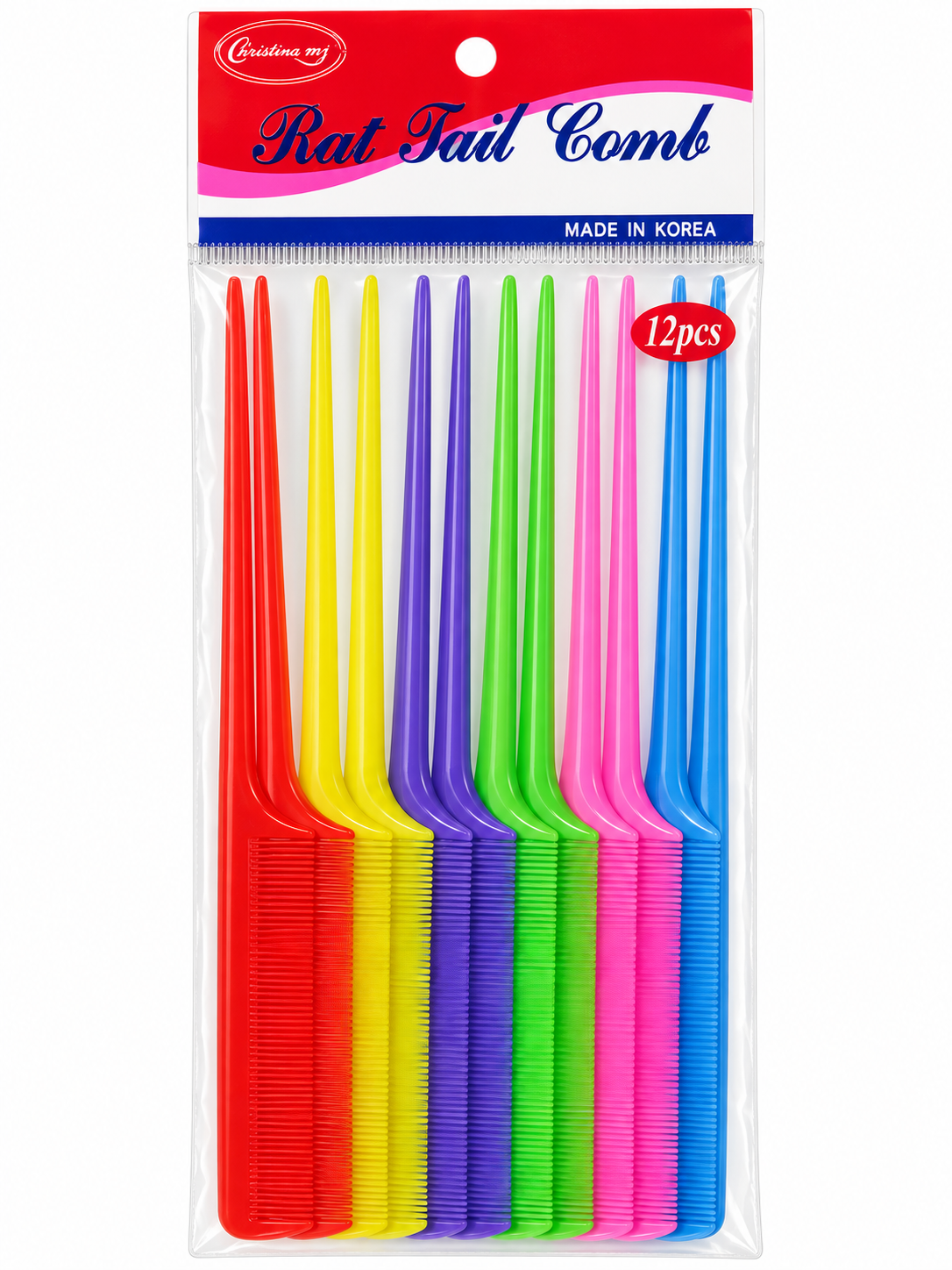 Christina MJ #3104 assorted-color rat tail combs, 12-pack