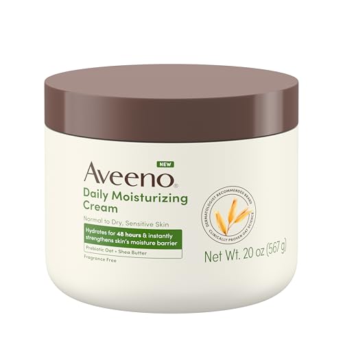 Aveeno Daily Moisturizing Cream with Prebiotic Oat & Shea Butter, Body, Face & Hand Cream for Normal to Dry, Sensitive Skin Hydrates for 48 Hours, Fragrance Free & Non-Comedogenic, 20 Oz Aveeno